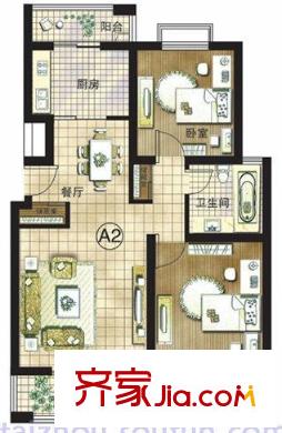 沁蓮城市公館戶型圖A2(91平方米） 2室2廳1衛(wèi)1廚