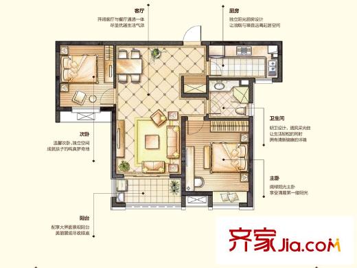 華潤中心繁華里12號樓H-1戶型圖 2室2廳1衛(wèi)1廚