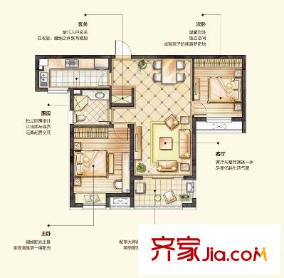 華潤中心繁華里15號樓J-2戶型圖 2室2廳1衛(wèi)1廚