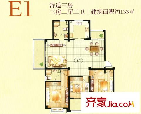 啟鼎花園戶型圖戶型E1 3室2廳2衛(wèi)1廚