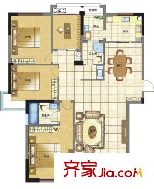 動力小區(qū)戶型圖戶型B 3室2廳2衛(wèi)1廚