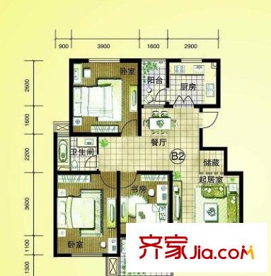 景泰園戶型圖B2型 3室2廳1衛(wèi)1廚