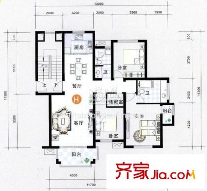 東河陽光戶型圖戶型圖H 3室2廳1衛(wèi)1廚