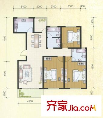 左岸名都M戶型 3室2廳2衛(wèi)1廚