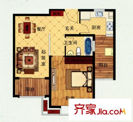 嘉中名苑b戶型 1室2廳1衛(wèi)1廚