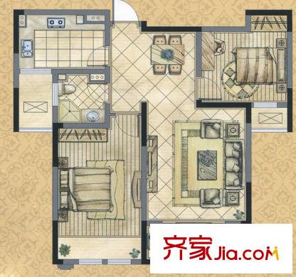 世茂河濱花園1#樓Ⅰ戶型 2室2廳1衛(wèi)1廚