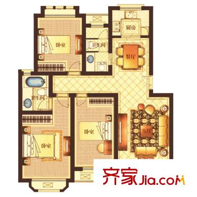 德馳金郡D3戶型 3室2廳2衛(wèi)1廚