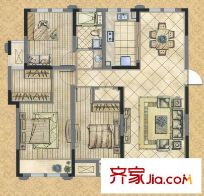 世茂河濱花園Ⅱ戶型 3室2廳1衛(wèi)1廚