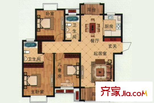嘉中名苑I戶型 3室2廳1衛(wèi)1廚