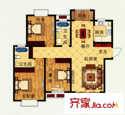 嘉中名苑e戶型 3室2廳2衛(wèi)1廚