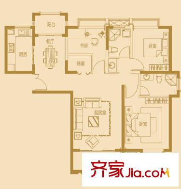 藍(lán)岳相府A戶型 125.41 3,2,2 3室2廳2衛(wèi)
