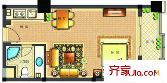 東方不夜城單身公寓3#01戶型 1室2廳1衛(wèi)1廚