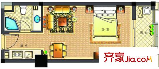 東方不夜城單身公寓3#09戶型 1室2廳1衛(wèi)1廚