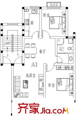 西堤陽(yáng)光A1戶(hù)型 2室2廳1衛(wèi)1廚