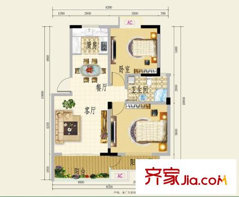 美好家園D2戶型圖 82.80 2室2廳1衛(wèi) 2室2廳1衛(wèi)1廚