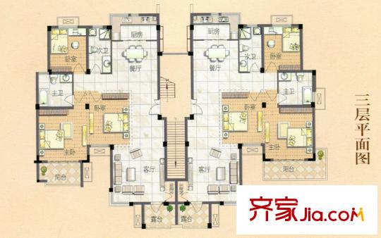 萊茵東郡3層戶型圖 3室2廳2衛(wèi)1廚