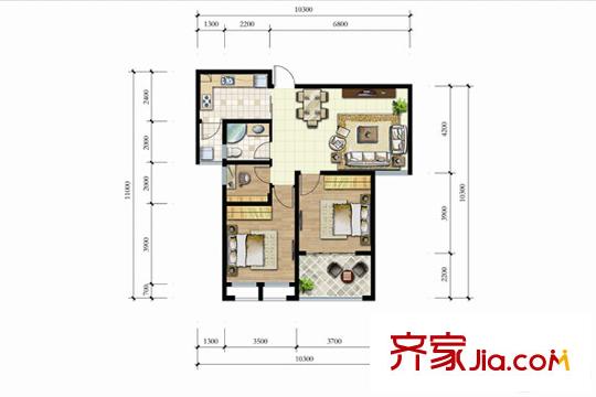 明珠新苑122#樓E戶型 3室2廳1衛(wèi)1廚