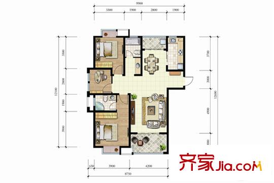 明珠新苑123#樓A戶型 3室2廳2衛(wèi)1廚