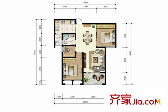 明珠新苑123#樓B戶型 3室2廳1衛(wèi)1廚