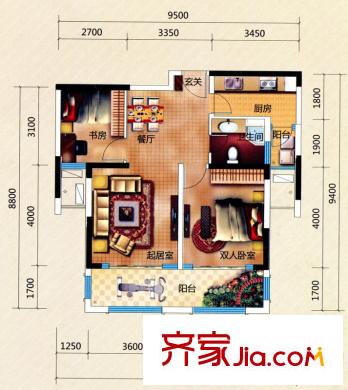 君安世紀(jì)城F2戶型 2室2廳1衛(wèi)1廚