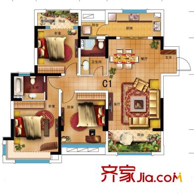 君安世紀(jì)城C1戶型 3室2廳2衛(wèi)1廚