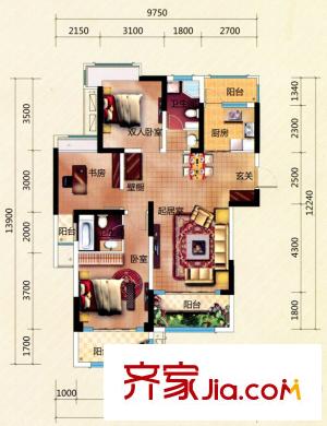 君安世紀(jì)城F3戶型 3室2廳2衛(wèi)1廚