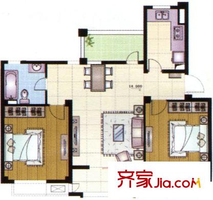 歐亞國際花園六層戶型 2室2廳1衛(wèi)1廚