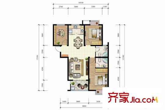 明珠新苑122#樓F戶型 3室2廳2衛(wèi)1廚