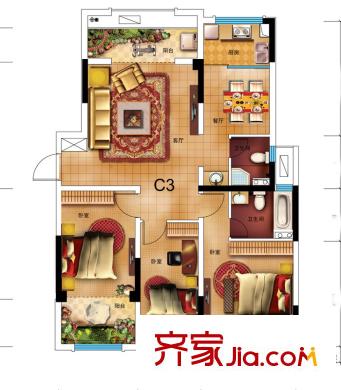 君安世紀(jì)城C3戶型 3室2廳2衛(wèi)1廚