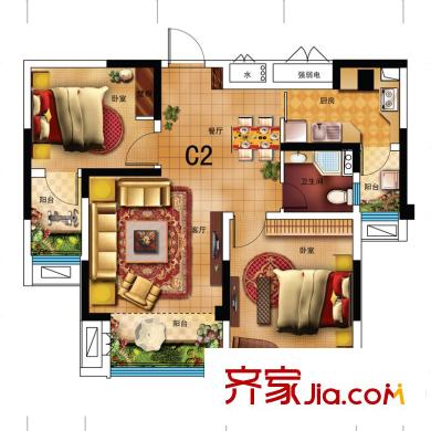 君安世紀(jì)城C2戶型 2室2廳1衛(wèi)