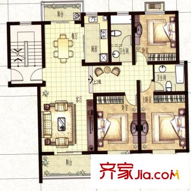上海大花園戶型D2 3室2廳2衛(wèi)1廚