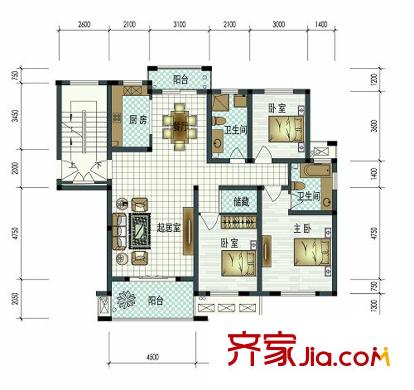 恒景國際花園D8戶型 3室2廳2衛(wèi)1廚