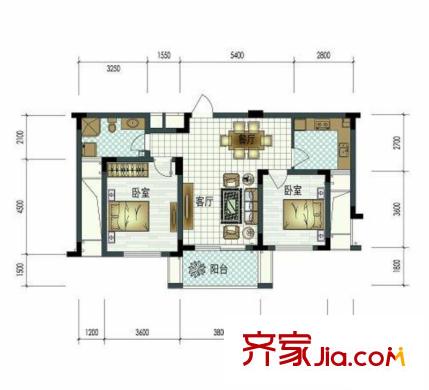 恒景國際花園G2戶型 2室2廳1衛(wèi)1廚