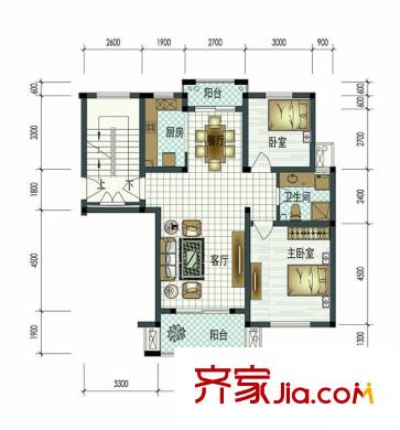 恒景國際花園D2戶型 2室2廳1衛(wèi)1廚