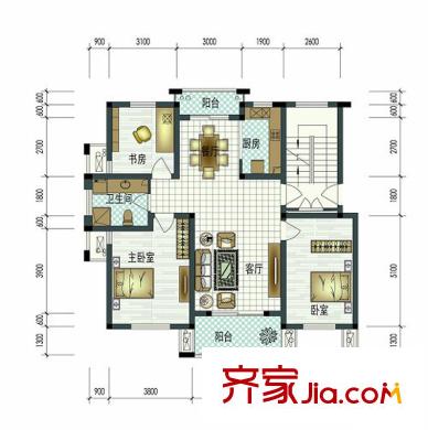 恒景國際花園D1戶型 3室2廳1衛(wèi)1廚