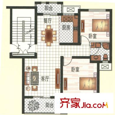 恒景國際花園D9戶型 2室2廳1衛(wèi)1廚