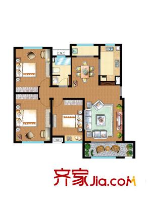 嘉和幸福里3號樓B戶型圖 3室2廳1衛(wèi)1廚