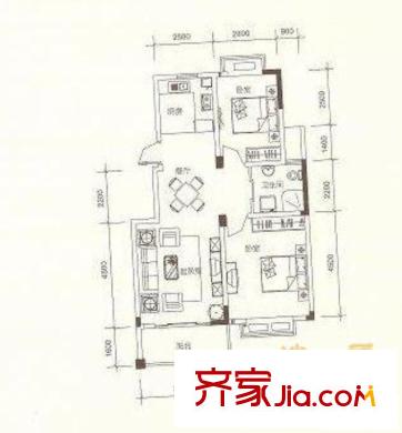 康橋水岸戶型圖c戶型 2室2廳1衛(wèi)1廚