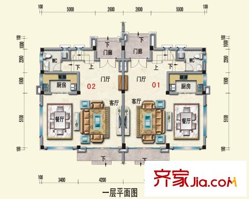 泰州碧桂園西班牙莊園雙拼美墅G28戶型一層平面圖 4室2廳5衛(wèi)