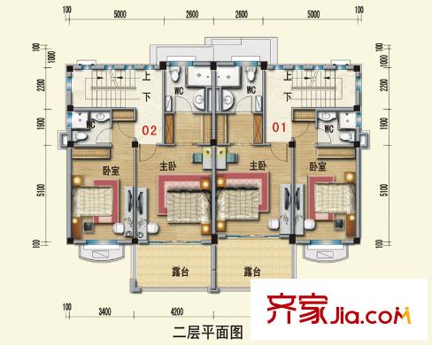 泰州碧桂園西班牙莊園雙拼美墅G28戶型二層平面圖 4室2廳5衛(wèi)