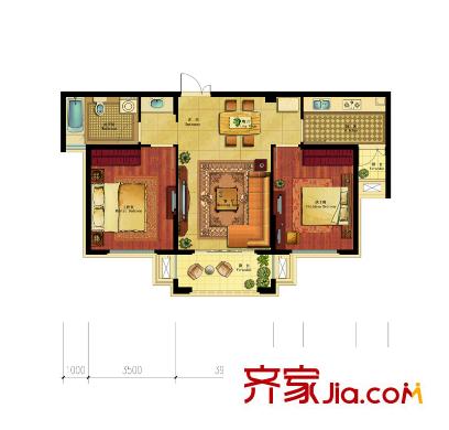 金色地中海B戶型 2室2廳1衛(wèi)1廚