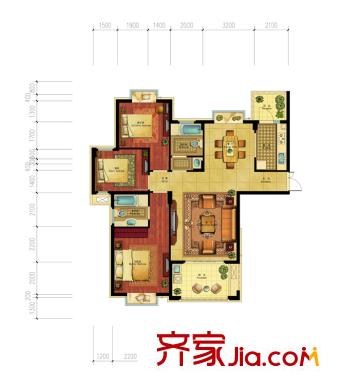 金色地中海A戶型F2  3室2廳2衛(wèi)1廚