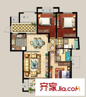 西西那堤三期E戶型家配平面圖 3室2廳2衛(wèi)