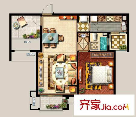 西西那堤三期B戶型家配平面圖 1室2廳1衛(wèi)