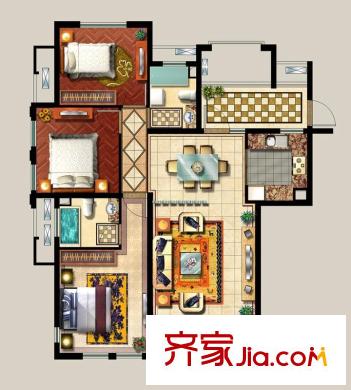 西西那堤三期A戶型家配平面圖 3室2廳2衛(wèi)