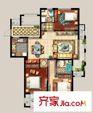 西西那堤三期C戶型家配平面圖 3室2廳2衛(wèi)