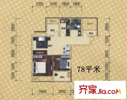 億豐怡家公館G4戶(hù)型 2室2廳1衛(wèi)1廚