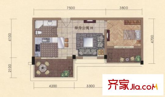 金象廣場H戶型 1室1廳1衛(wèi)1廚