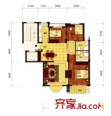 羅馬風(fēng)情城電梯花園洋房標(biāo)準(zhǔn)層C戶型 3室2廳2衛(wèi)1廚