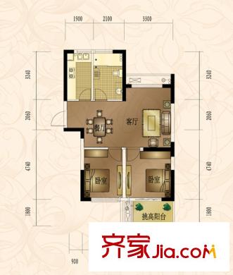 諾德上湖城高層G3戶型 2室2廳1衛(wèi)1廚
